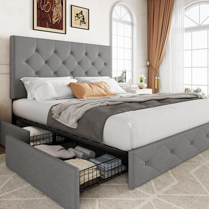 Queen Size Storage Bed Frame with 4 Underbed Drawers, Light Grey