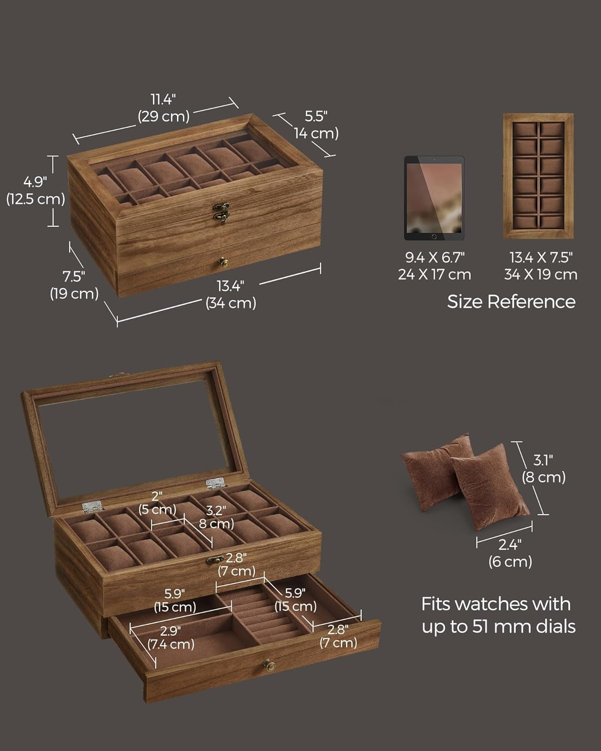 Watch Boxes Bundle, 12-Slot Watch Case, 2-Tier Watch Display Case, with Large Glass Lid, Solid Wood Watch Box Organizers, Gift for Loved Ones, Rustic Walnut UJOW120K01 and UJOW012K01