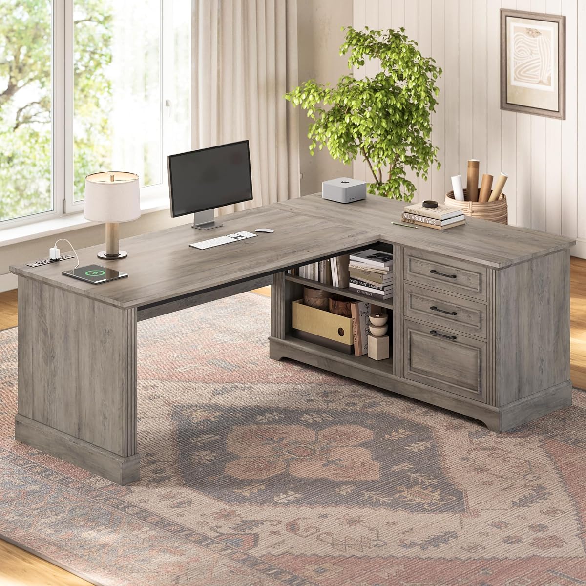 Farmhouse 61" Executive Office Desk with Drawers for Home Office
