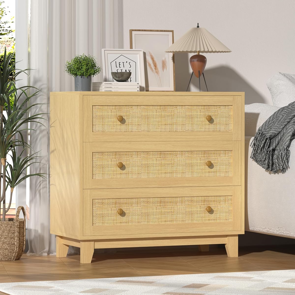 3 Drawer Rattan Dresser for Bedroom, Small Boho Nightstand Sets with Wooden Feet, Rattan Wood Clothes Storage Cabinet for Hallway, Living Room, Entryway (Wood, 3 Drawers)