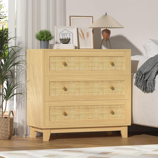 3 Drawer Rattan Dresser for Bedroom, Small Boho Nightstand Sets with Wooden Feet