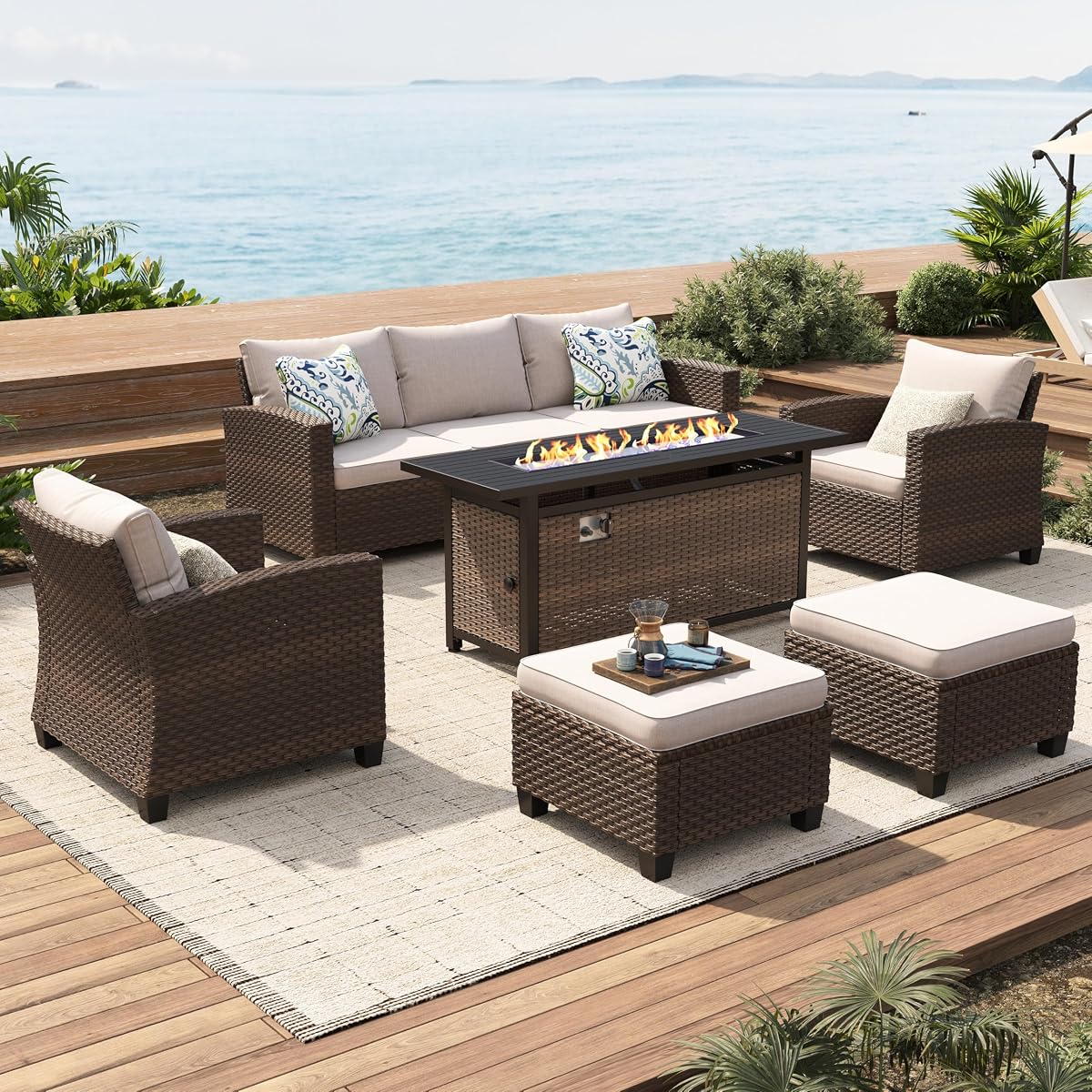 Patio Furniture Set Outdoor Furniture Brown Wicker Rattan Patio Conversation Sets with Cushion Outside Sofa Set,6 Pieces with Rectangular Firepit Table,7 Seats,Beige
