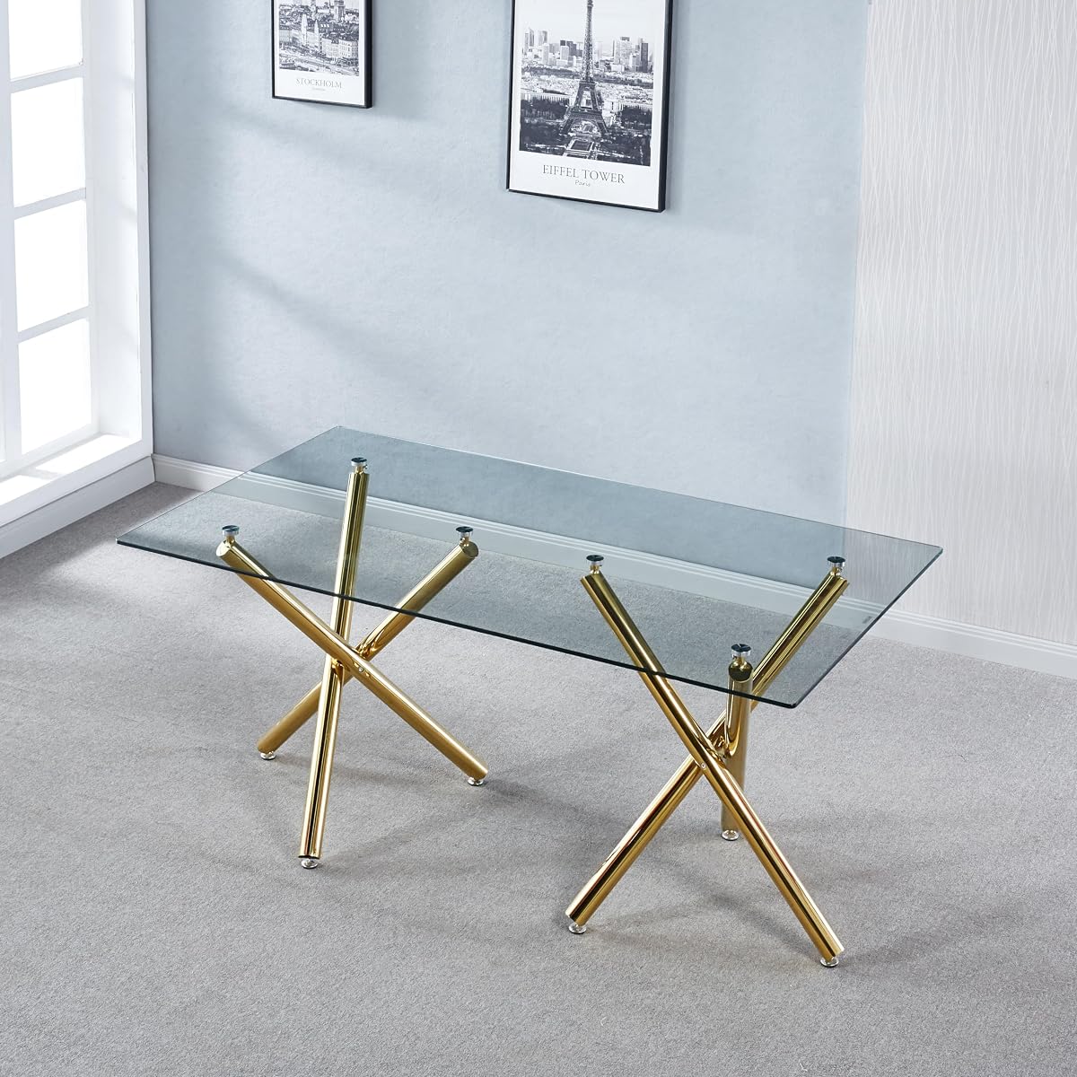 Rectangular Tempered Glass Dining Table with Double Stainless Steel Base, Dining Room Interior Design, for 6 People