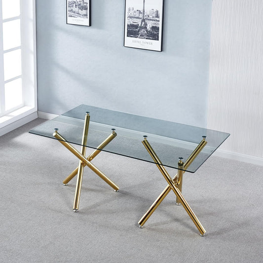 Rectangular tempered glass dining table with stainless steel base