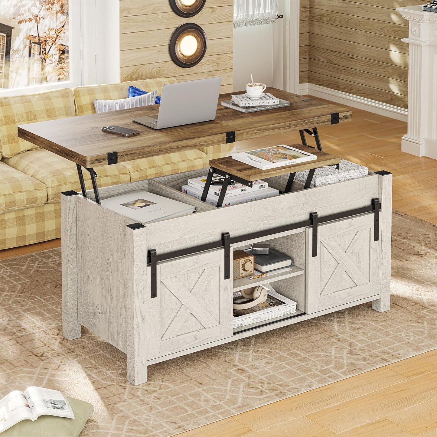 Lift Top Coffee Table, 4 in 1 Multi-Function Convertible Coffee Tables with Storage and Hidden Compartment, Farmhouse Coffee Table Converts to Dining Table for Living Room, Brown Top