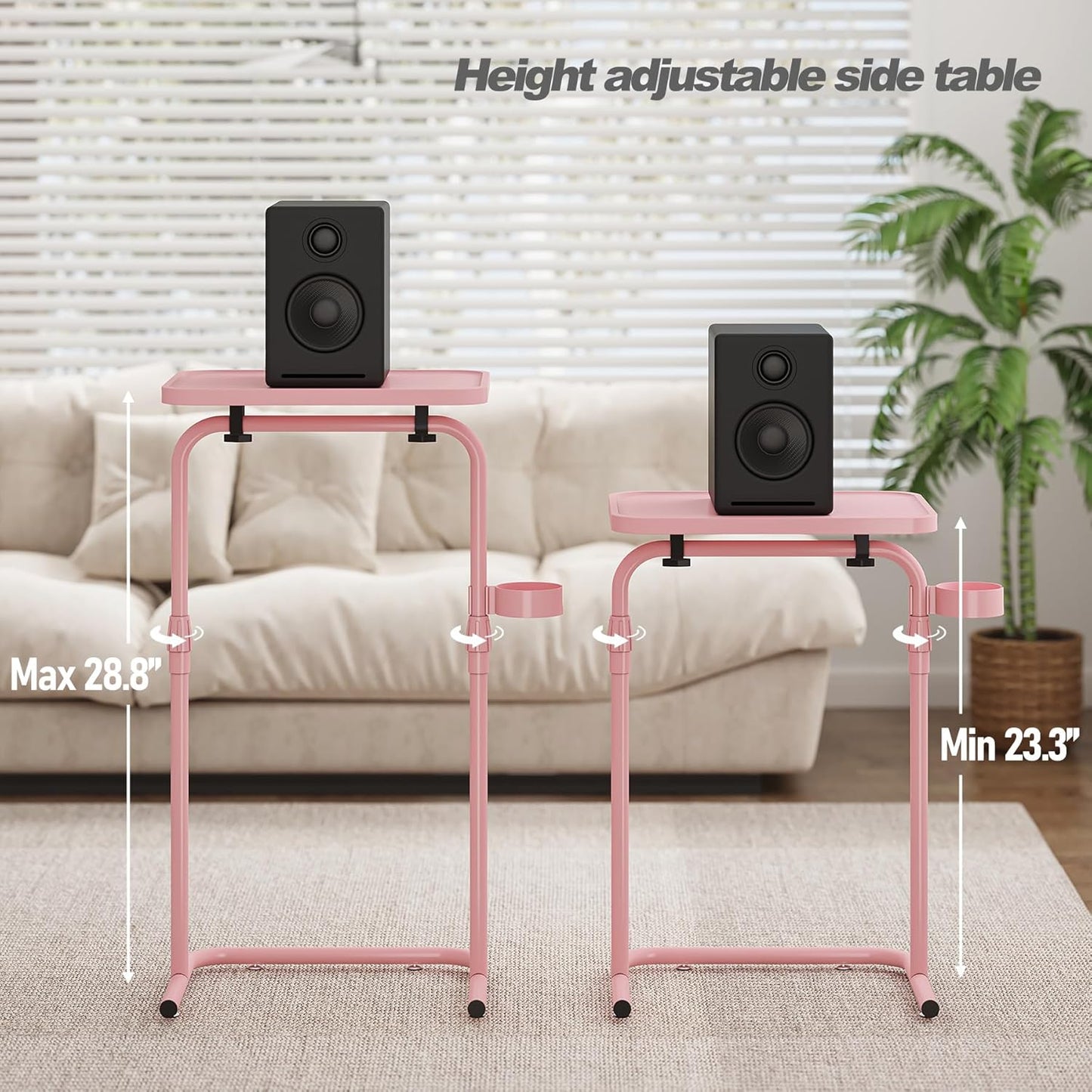 C Shaped End Table with Tiltable Surface, Adjustable Height Side Table, Slide under Couch Table TV Tray for Eating, Sofa Tray for Livingroom, Bedroom Pink TB01BP091