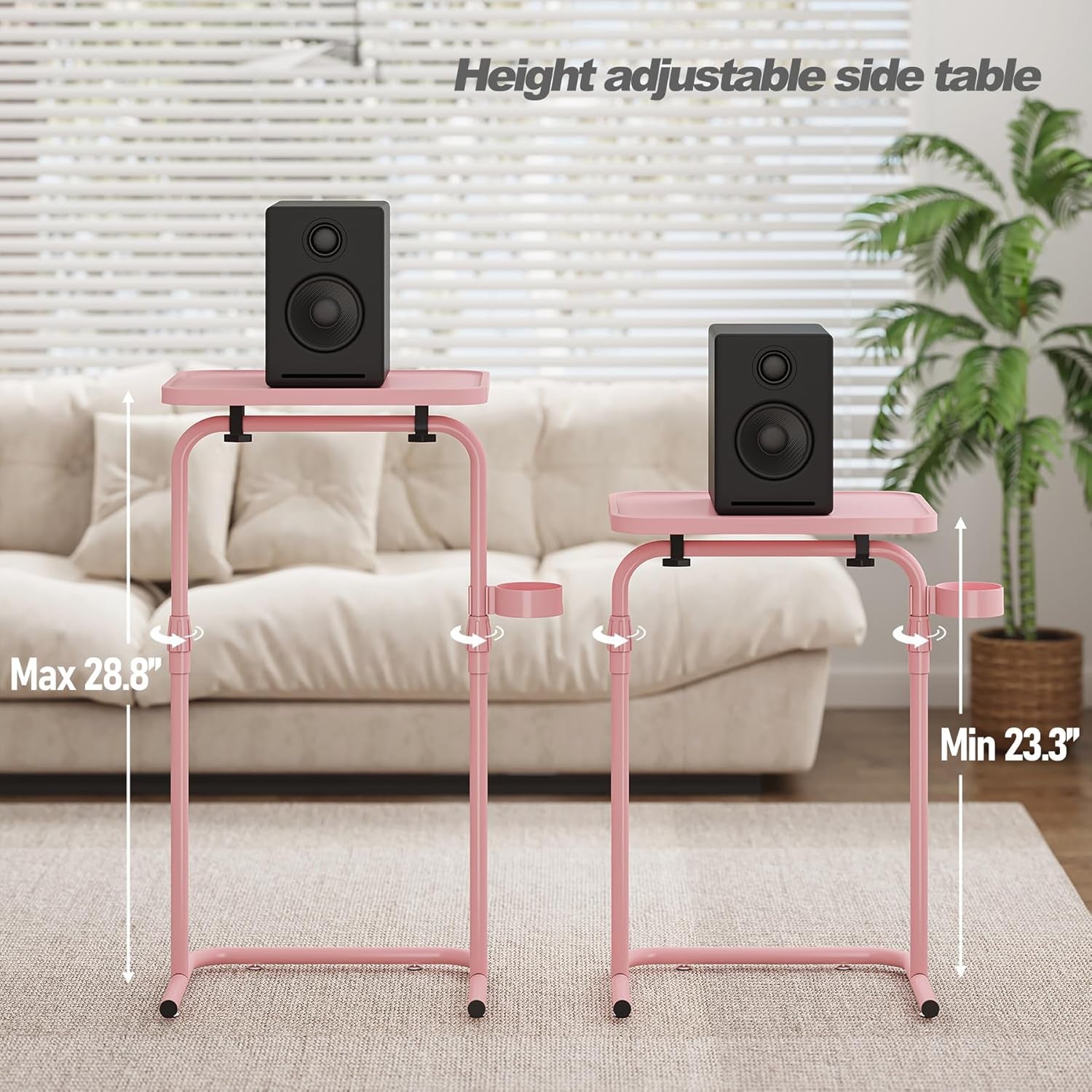 C Shaped End Table with Tiltable Surface, Adjustable Height Side Table, Slide under Couch Table TV Tray for Eating, Sofa Tray for Livingroom, Bedroom Pink TB01BP091