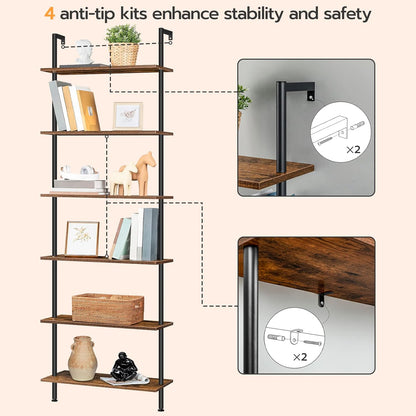 DIY Ladder Shelf, 6-Tier Wall Mounted Bookshelf, Office Vertical Bookcase, Wooden Storage Shelves for Home Office, Bedroom, Rustic Brown and Black BF65CJ01