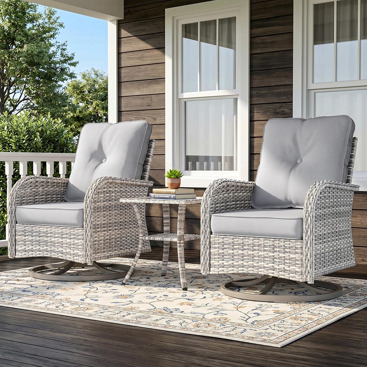 3-Piece Small Patio Furniture Set, Outdoor Swivel Rocking Chairs Set with Wicker Chairs and Tempered Glass Side Table, Outdoor Furniture Patio Bistro Set for Balcony, Deck, Porch