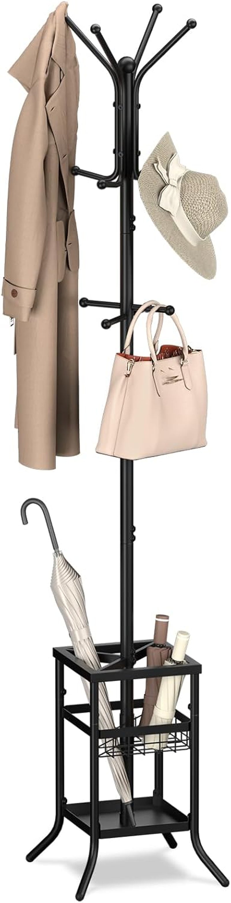 Coat Rack Freestanding - Coat Tree with Umbrella Holder, Metal Coat Rack Stand with 12 Hooks, Modern Coat Hanger Stand for Entryway, Purse Rack Hat Rack Stand for Living Room Bedroom Office