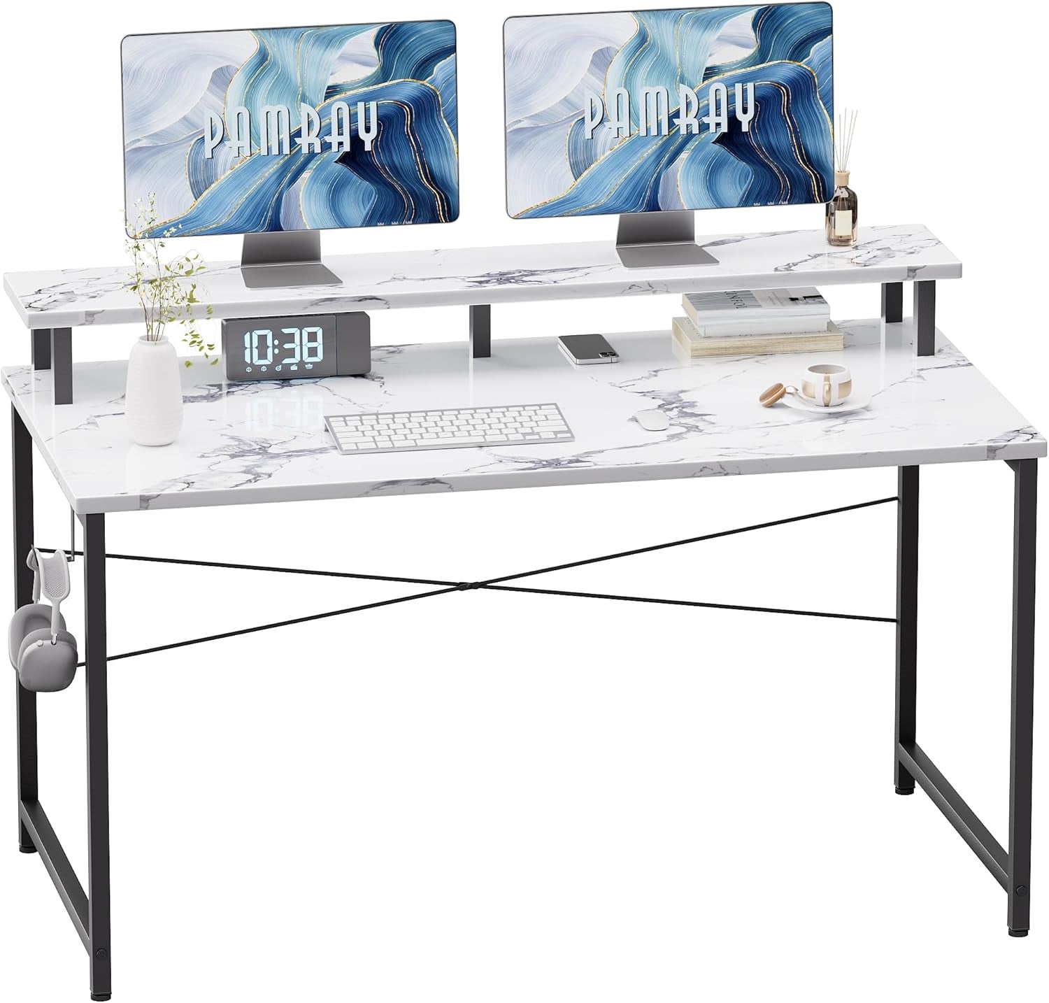47 Inch Small Computer Desk with Monitor Stand, Simple Office Desk with Headphone Hook for Small Spaces, Kids Study Writing Table for Bedroom, Marble