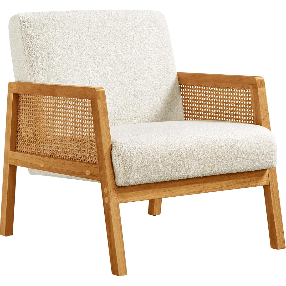 Yaheetech Rattan Accent Chair, Boho Vintage Armchair, Boucle Fabric Reading Chair with Wood Armrest and Legs for Living Room Bedroom Reception, Ivory