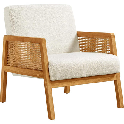 Yaheetech Rattan Accent Chair, Boho Vintage Armchair, Boucle Fabric Reading Chair with Wood Armrest and Legs for Living Room Bedroom Reception, Ivory