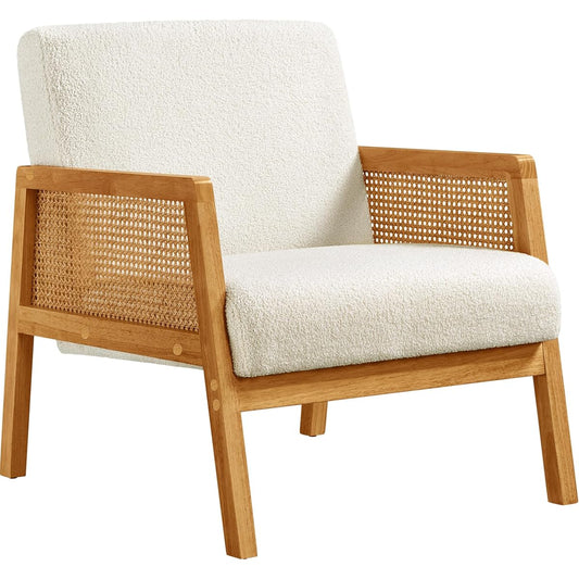 Yaheetech Rattan Accent Chair, Boho Vintage Armchair, Boucle Fabric Reading Chair with Wood Armrest and Legs for Living Room Bedroom Reception, Ivory