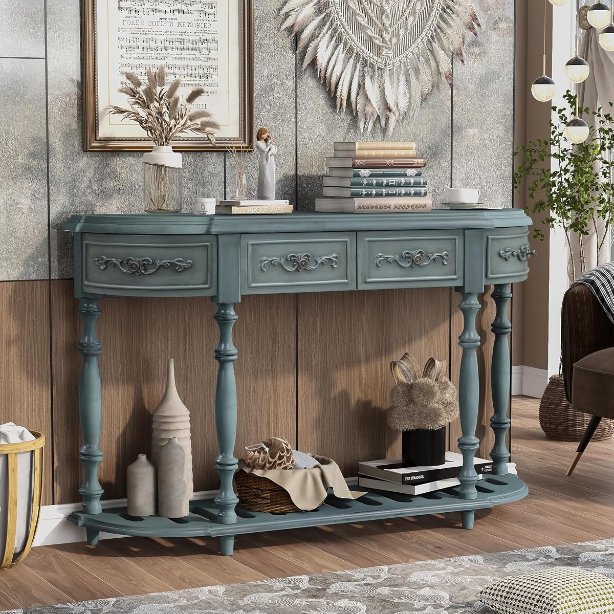 Knocbel Vintage Entry Console Table with 4 Storage Drawers and Open Slatted Shelf, Entryway Hallway Foyer Sofa Table with Legs, Easy Assembly (Antique Blue)