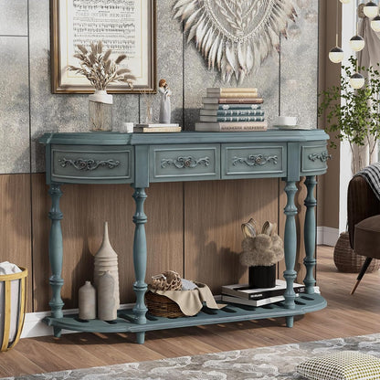 Knocbel Vintage Entry Console Table with 4 Storage Drawers and Open Slatted Shelf, Entryway Hallway Foyer Sofa Table with Legs, Easy Assembly (Antique Blue)