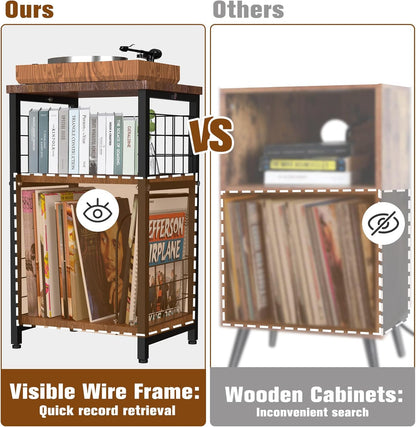 Record Player Stand, 3 Tier End Table with Double Layer Iron Wire Mesh Turntable Vinyl Record Stand Storage up to 100 Albums, Nightstand Small Side Tables for Living Room Bedroom, Black