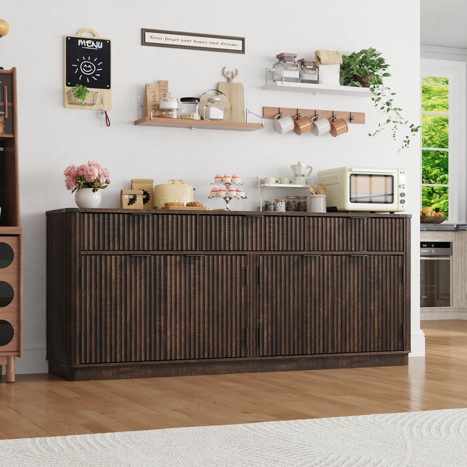 70” Large Curved Buffet Cabinet with 3 Storage Drawers,Kitchen Fluted Sideboard Cabinet W 4 Door Shelves,W Load-Bearing Steel Pipe,Wood Farmhouse Coffee Bar Cabinets,Kitchen Pantry(Rustic Brown)