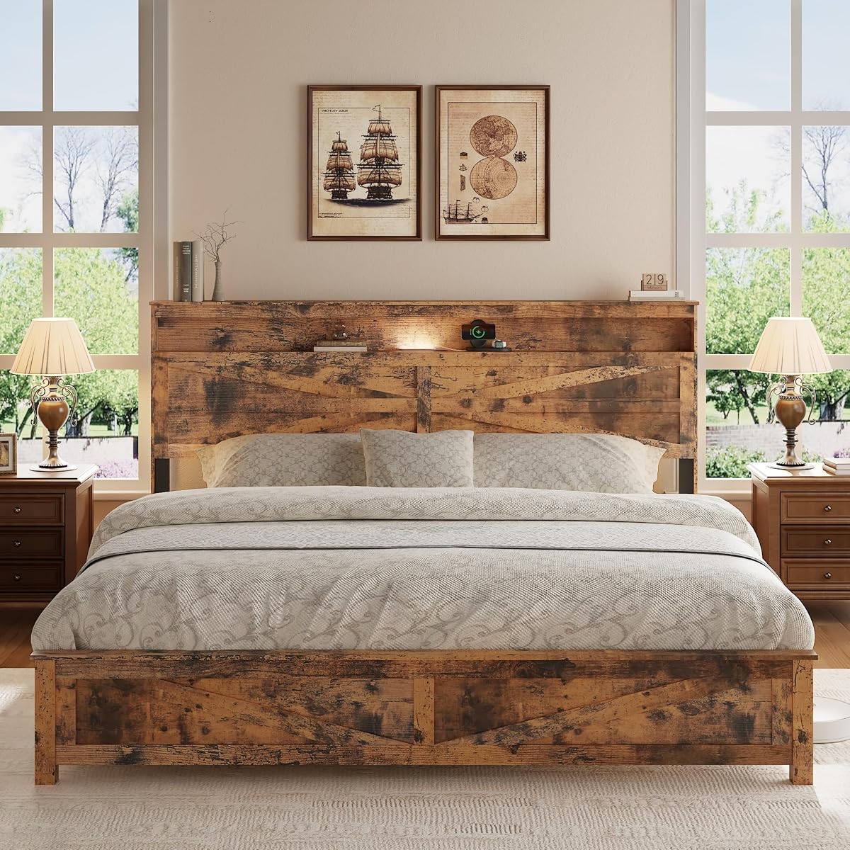 King Size Farmhouse Wooden Bed Frame with Storage Headboard