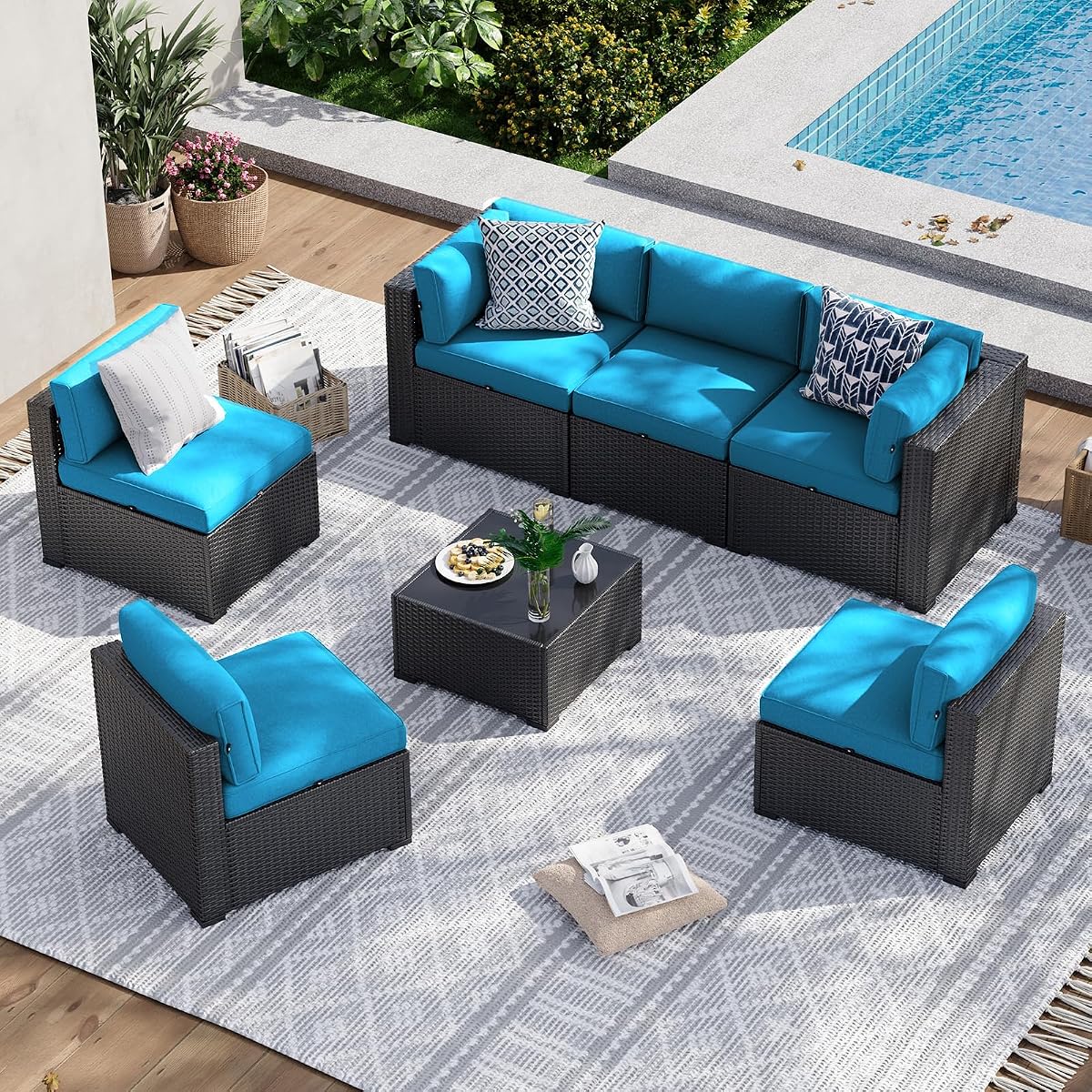 7 Piece Patio Furniture Set, Wicker Rattan Patio Sectional Sofa, Outdoor Furniture Set with Thickened Cushion, Peacock Blue