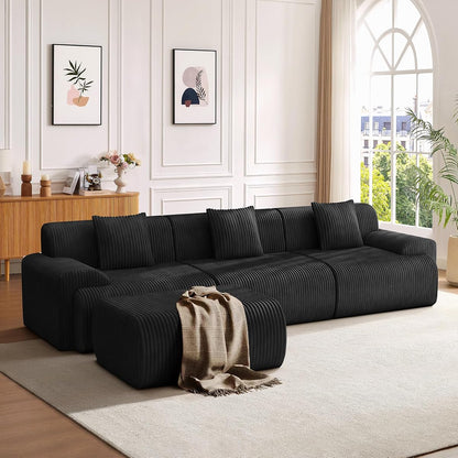 118" Modern L Shaped Modular Sectional Sofa, Boneless Cloud Couch with Ottoman, Oversized Corduroy Couch Deep Seat, 30D Sponge for Indoor Living Room, No Assembly Required(Black)