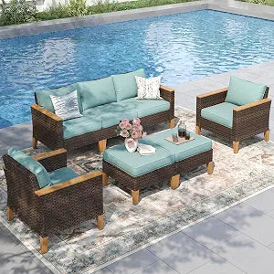 7-Piece Wicker Patio Conversation Set, Outdoor Rattan Sectional Pool Furniture Patio Set for 7 Seats with Cushioned 2 x Single Sofa, 2 x Armrest Chair, 2 x Ottoman and 1 x Armless Sofa, Blue
