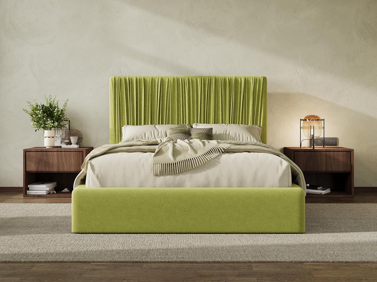 Queen Size Artisanal Pleated Velvet Bed Frame with Adjustable Headboard