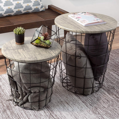End Tables Set of 2 - Nesting Tables with Removable Wood Tops and Metal Basket Bases for Blanket Storage - Round Side Furniture for Living Room, Bedroom, or Home Office by (Gray/Black)