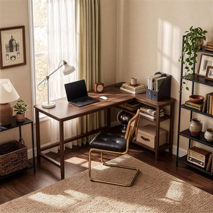 47 Inch L Shaped Computer Desk with Solid Wood Frame & Power Outlets