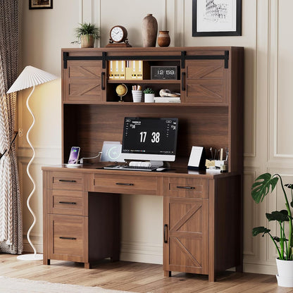 Farmhouse Executive Desk with Hutch and Charging Station, Walnut