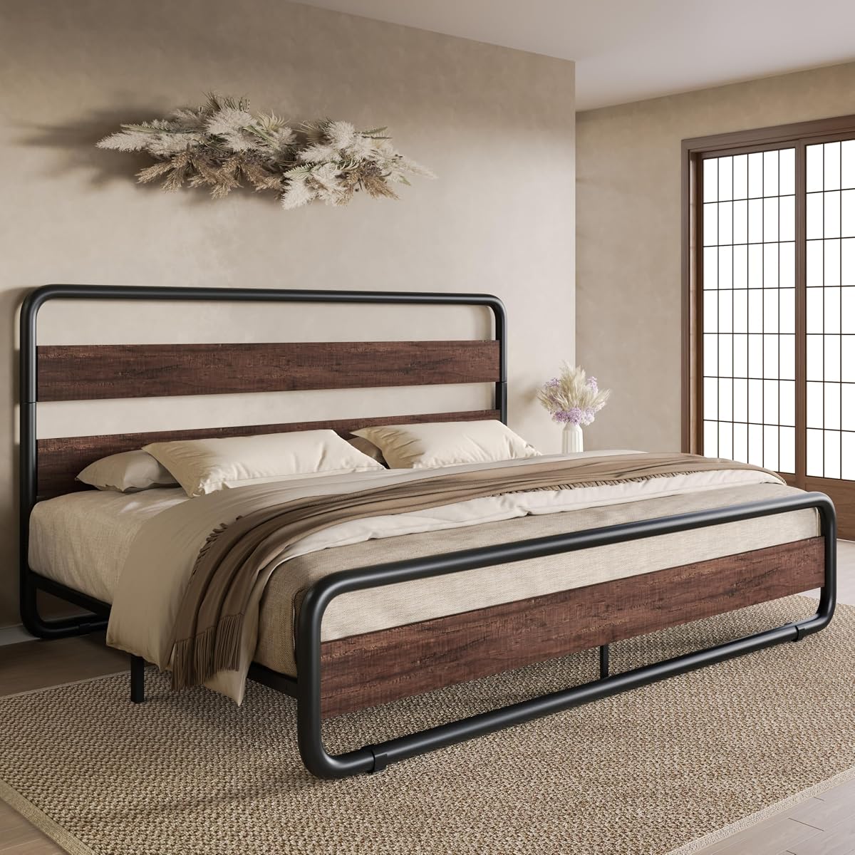 King Size Metal Bed Frame with Wooden Headboard, Mahogany