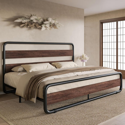 King Size Metal Bed Frame with Wooden Headboard, Mahogany