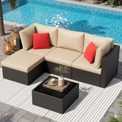 5 Pieces Patio Furniture Sets Outdoor All-Weather Sectional Patio Sofa Set PE Rattan Manual Weaving Wicker Patio Conversation Set with Glass Table&Ottoman Cushion and Red Pillows, Beige
