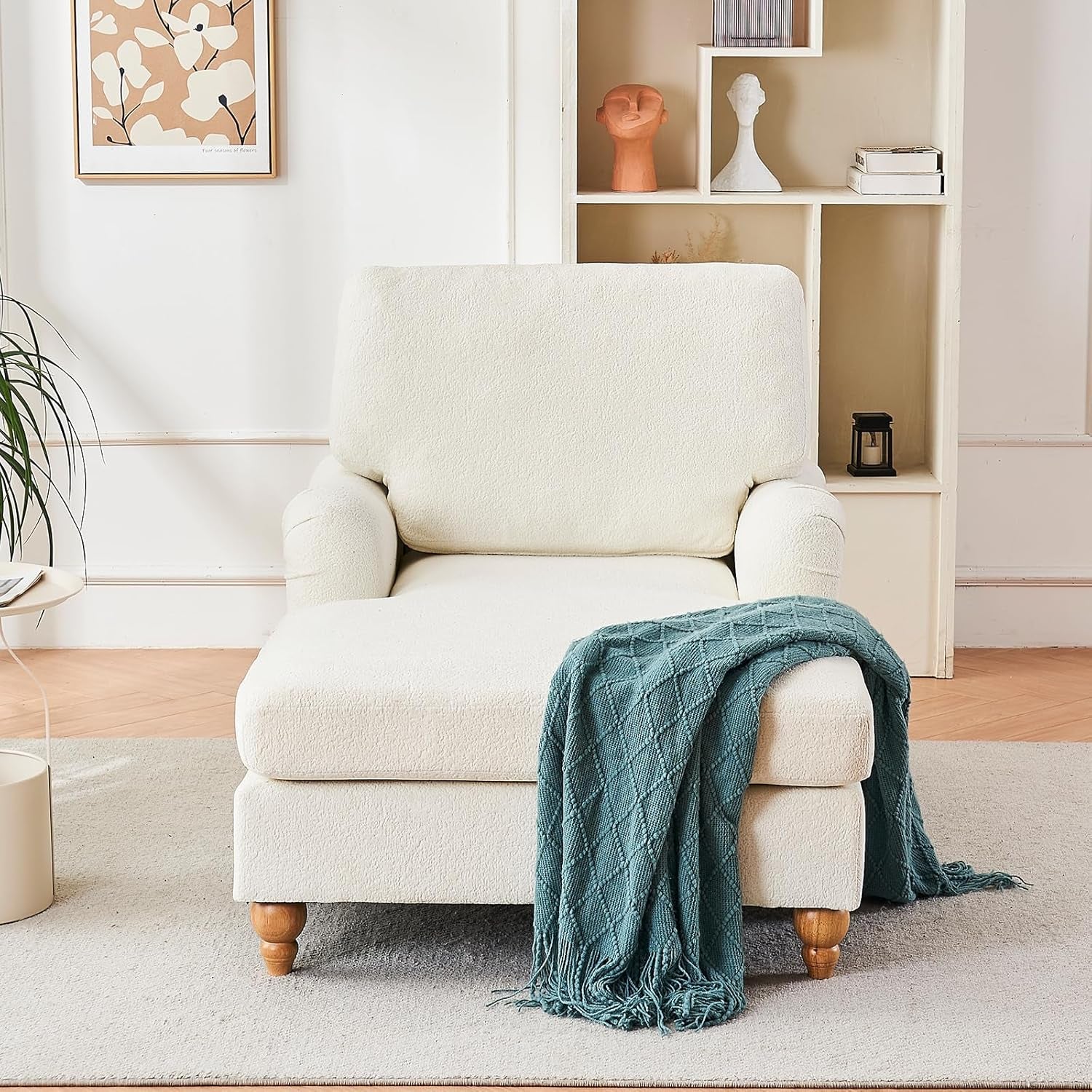 Chaise Lounge Chair with Adjustable Backrest, Modern Upholstered Chenille Leisure Sofa Recliner, Sleeper Chair Bed with Rolled Arm for Indoor, Bedroom, Living Room, Study Room, Office, Beige