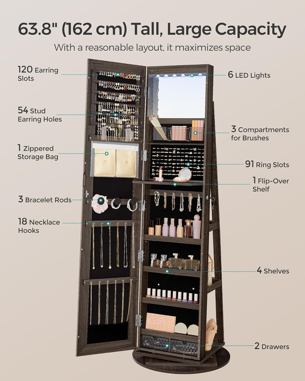 6 Leds Lockable Mirror Jewelry Cabinet, 360° Swivel Jewelry Organizer Armoire Standing, Frameless Full-Length Mirror, 3 Storage Shelves, Ash Brown Surface, Black Lining UJJC007K02