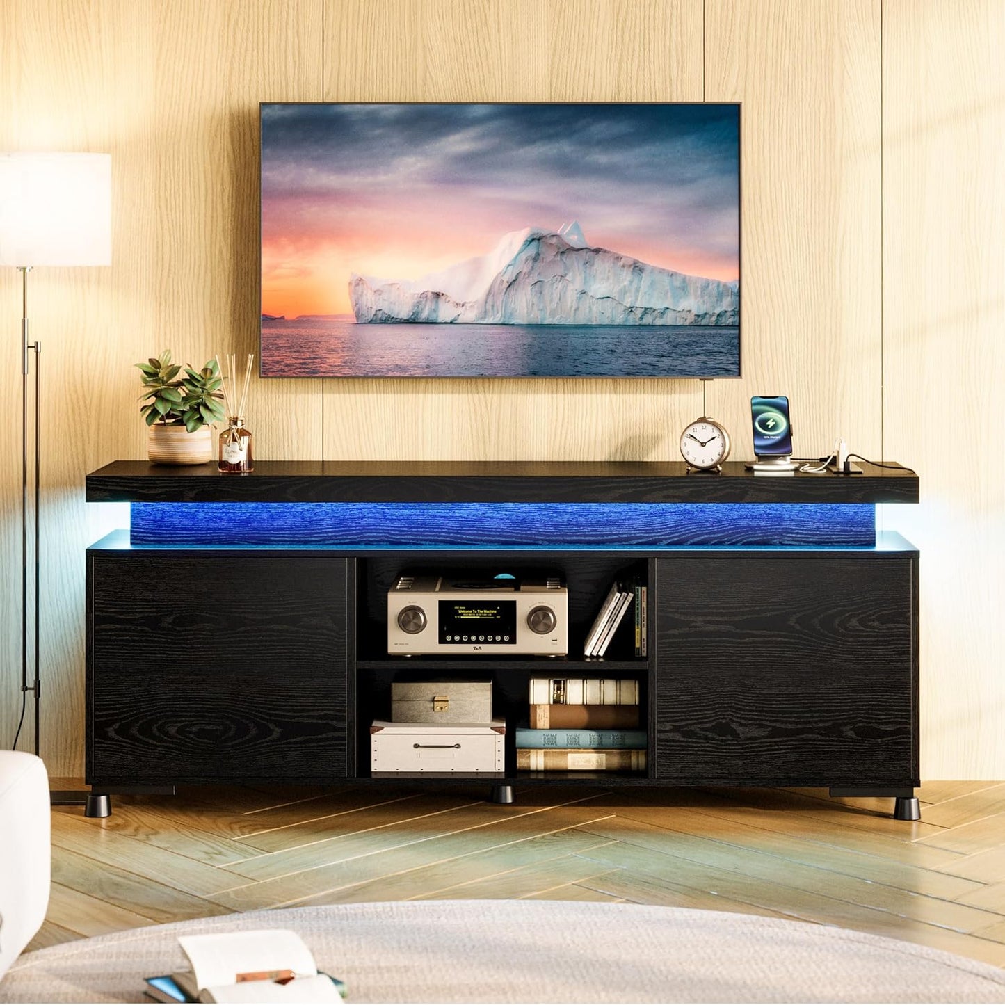 TV Stands for Tvs 65+ Inch with LED Lights and Power Outlet, Modern TV Console Entertainment Center with Storage Cabinet for Living Room