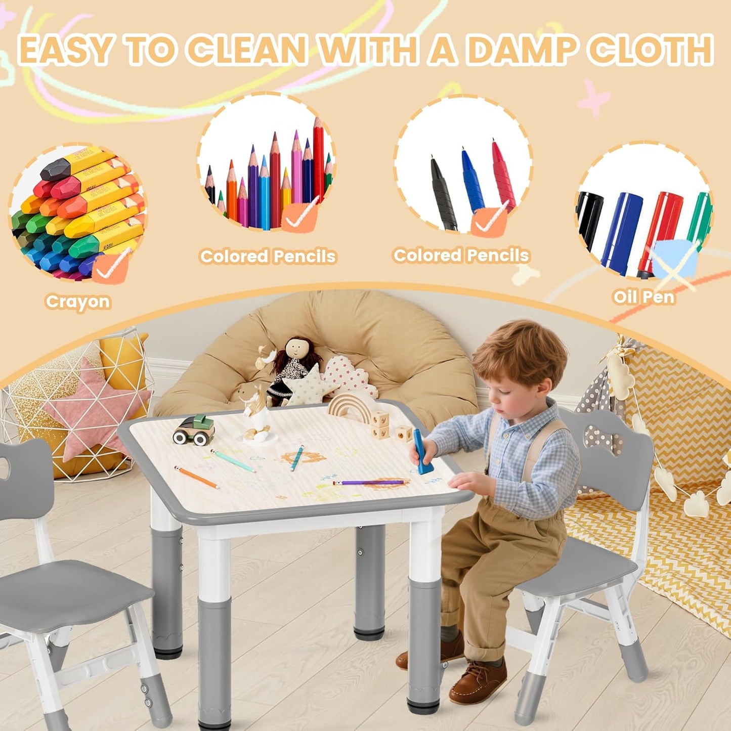 Kids Table and Chairs Set - 23.6" L X 23.6" W Height Adjustable Toddler Desk, Non-Slip Kids Chair with Graffiti Desktop for Ages 2-8, for Home Preschool Classroom Daycare, Grey