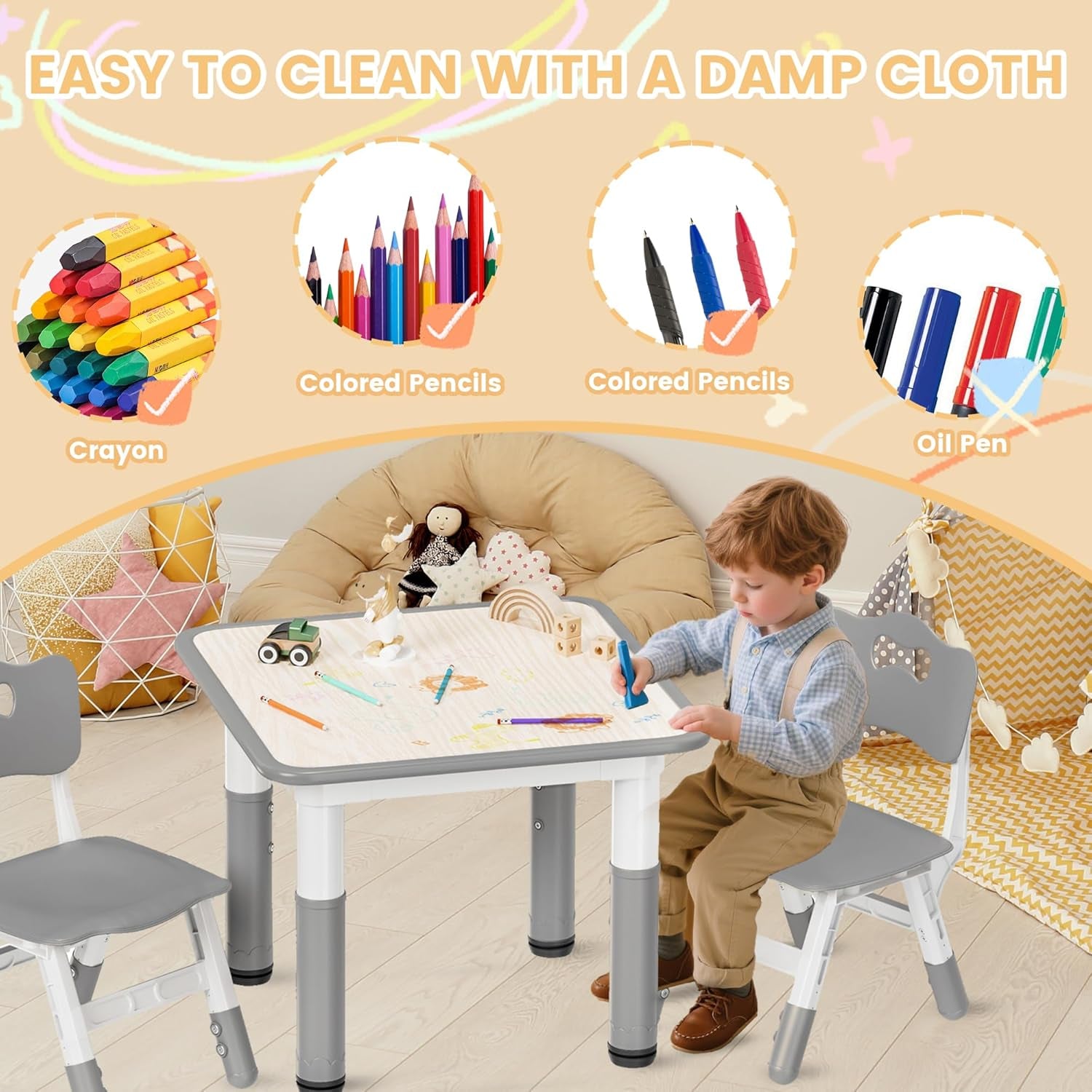 Kids Table and Chairs Set - 23.6" L X 23.6" W Height Adjustable Toddler Desk, Non-Slip Kids Chair with Graffiti Desktop for Ages 2-8, for Home Preschool Classroom Daycare, Grey