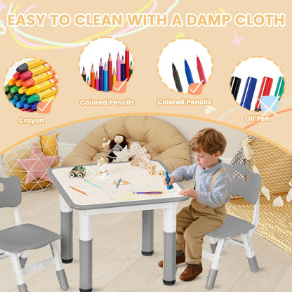 Kids Table and Chairs Set - 23.6" L X 23.6" W Height Adjustable Toddler Desk, Non-Slip Kids Chair with Graffiti Desktop for Ages 2-8, for Home Preschool Classroom Daycare, Grey