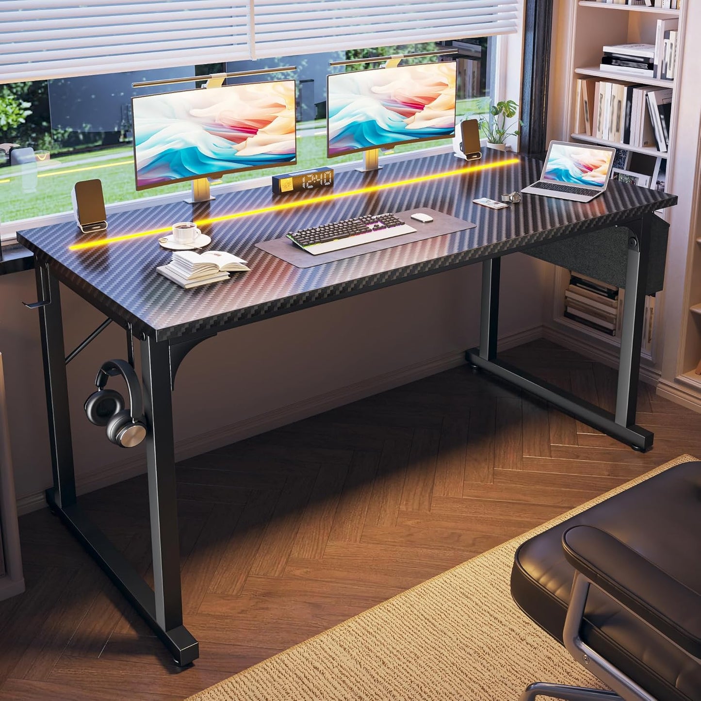 55 Inch Computer Desk with LED Lights, Gaming Desk with Storage Bag for Home Office, Simple Office Desk with Headphone Hook for Study Writing Work Desk,Sturdy Metal Frame,Black