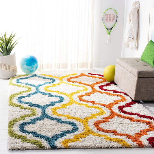 SAFAVIEH Kids Shag Collection Accent Rug - 4' x 6', Ivory & Multi, Rainbow Design, Non-Shedding & Easy Care, 2-inch Thick Ideal for High Traffic Areas in Entryway, Living Room, Bedroom (SGK561A)