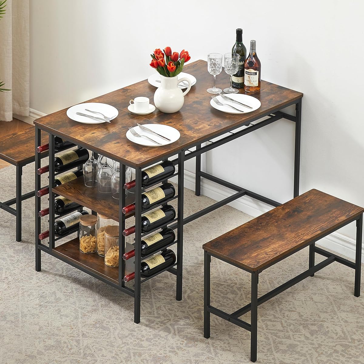 Dining Table Set for 4, Kitchen Table Set for 4 with 2 Benches, Rectangular Dining Room Table Set with Wine Rack, 3 Piece Dining Table Set for Small Space Apartment, Rustic Brown