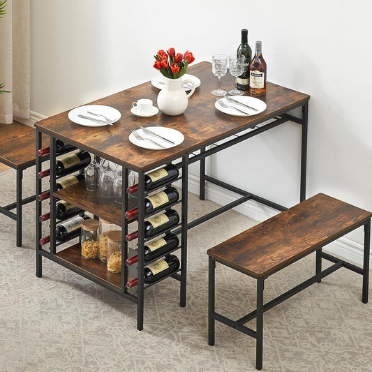 Dining Table Set for 4, Kitchen Table Set for 4 with 2 Benches, Rectangular Dining Room Table Set with Wine Rack, 3 Piece Dining Table Set for Small Space Apartment, Rustic Brown