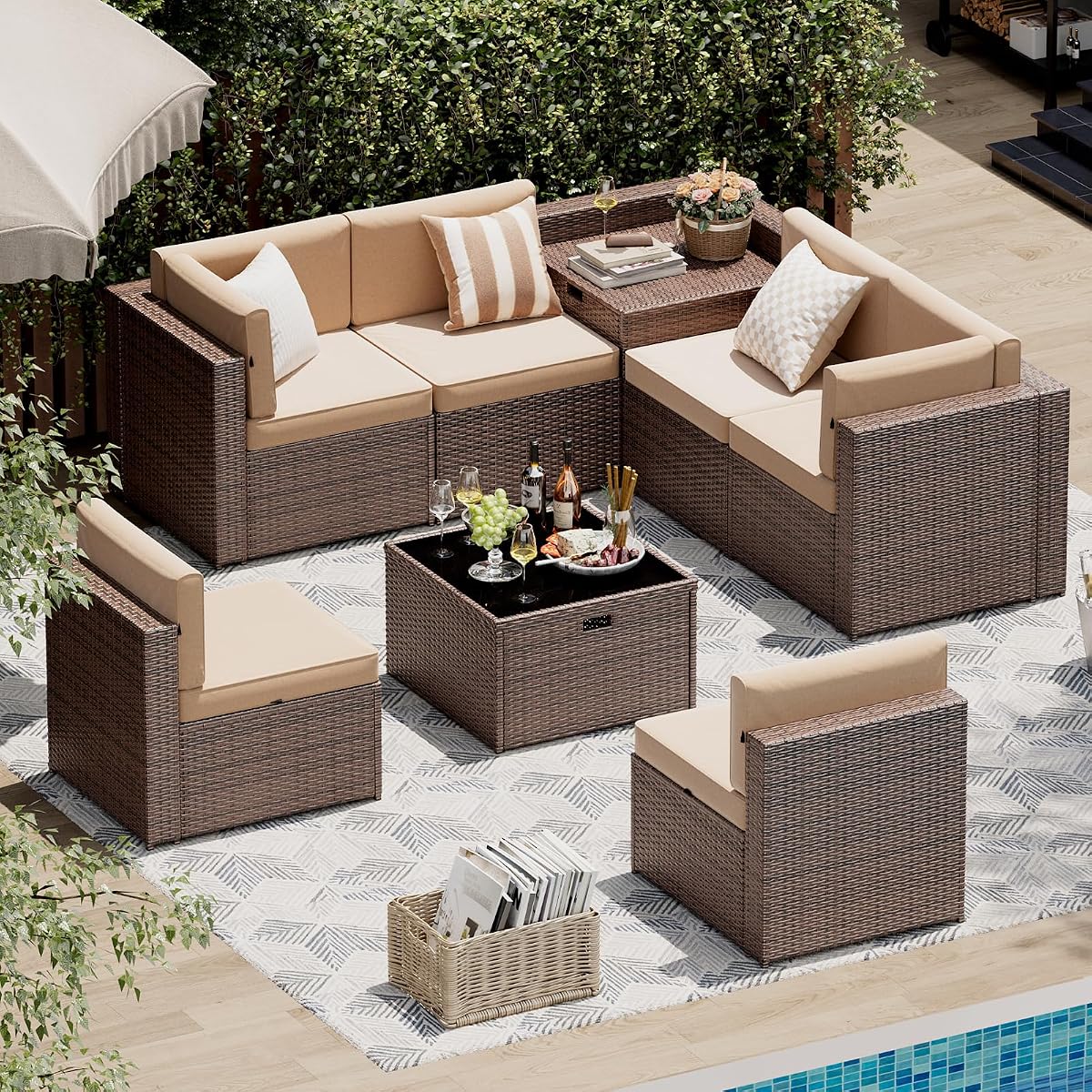 8 Piece Patio Furniture Set, Wicker Outdoor Furniture with Large Storage Table, Patio Conversation Sets with Waterproof Cover, Outdoor Sectional Sofas for Backyard Garden(Brown/Khaki)
