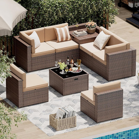 8 Piece Patio Furniture Set, Wicker Outdoor Furniture with Large Storage Table, Patio Conversation Sets with Waterproof Cover, Outdoor Sectional Sofas for Backyard Garden(Brown/Khaki)