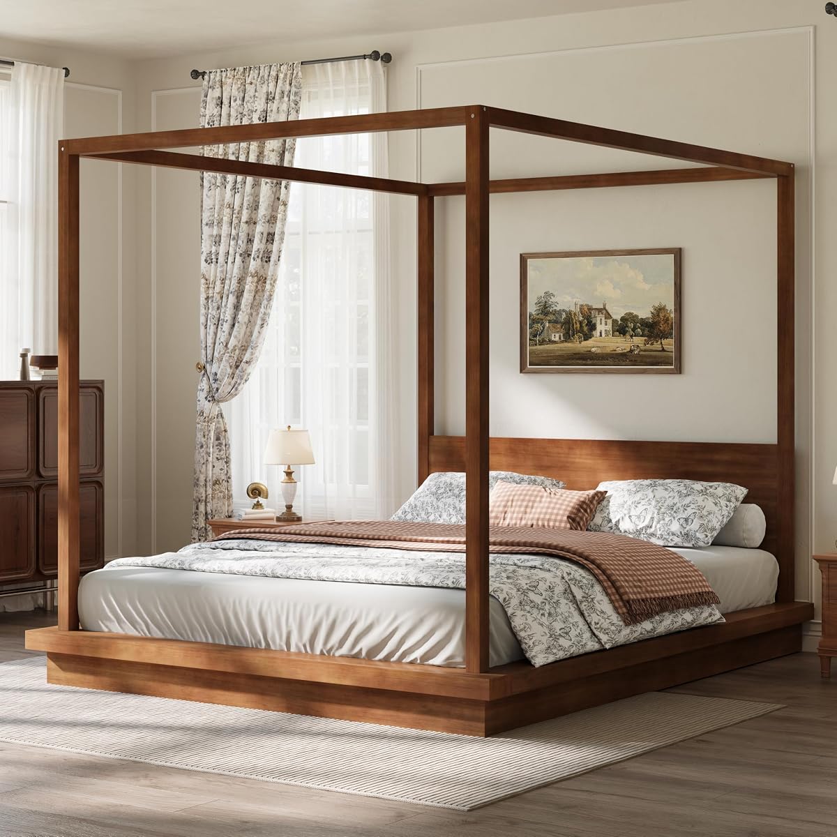 VilroCaz King Size 4-Poster Canopy Platform Bed with Headboard