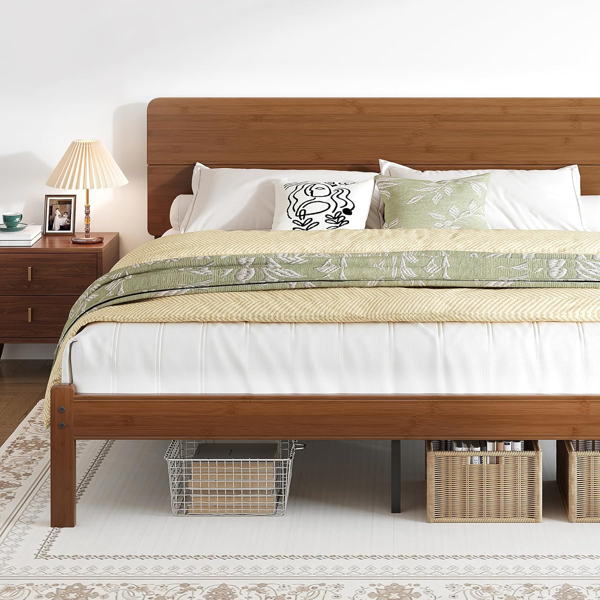 14" King Size Bamboo Wood Platform Bed Frame with Headboard, Brown