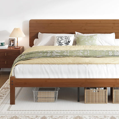 14" King Size Bamboo Wood Platform Bed Frame with Headboard, Brown