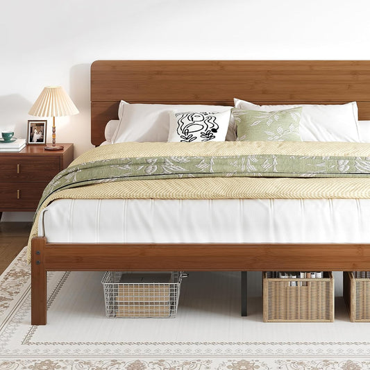 14" King Size Bamboo Wood Platform Bed Frame with Headboard, Brown