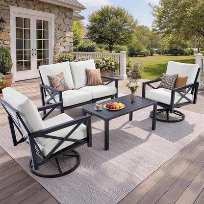 4 Pieces Patio Furniture Sets, Modern Metal Outdoor Conversation Sets with High Back Rocking Swivel Chairs,38’’ Metal Table, 5.5" Thick Cushions